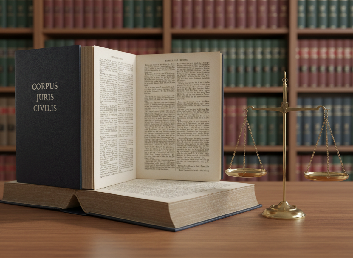 A heavy, leather-bound law book with a deep navy cover and embossed silver title, lying open to a dense page of text and marginal notes, on a smooth walnut desk. Beside it, a brass balance scale stands perfectly still, its polished metal reflecting tiny glints of light. Soft, diffused daylight enters from an unseen window, casting gentle, directional shadows and highlighting the textures of paper, leather, and metal. In the blurred background, tall shelves of uniformly bound legal volumes rise into soft focus. Photographic realism, eye-level composition, rule of thirds, with a moderate depth of field that keeps the book and scale in crisp focus, creating a calm, professional, contemplative atmosphere about the meaning of law in society.