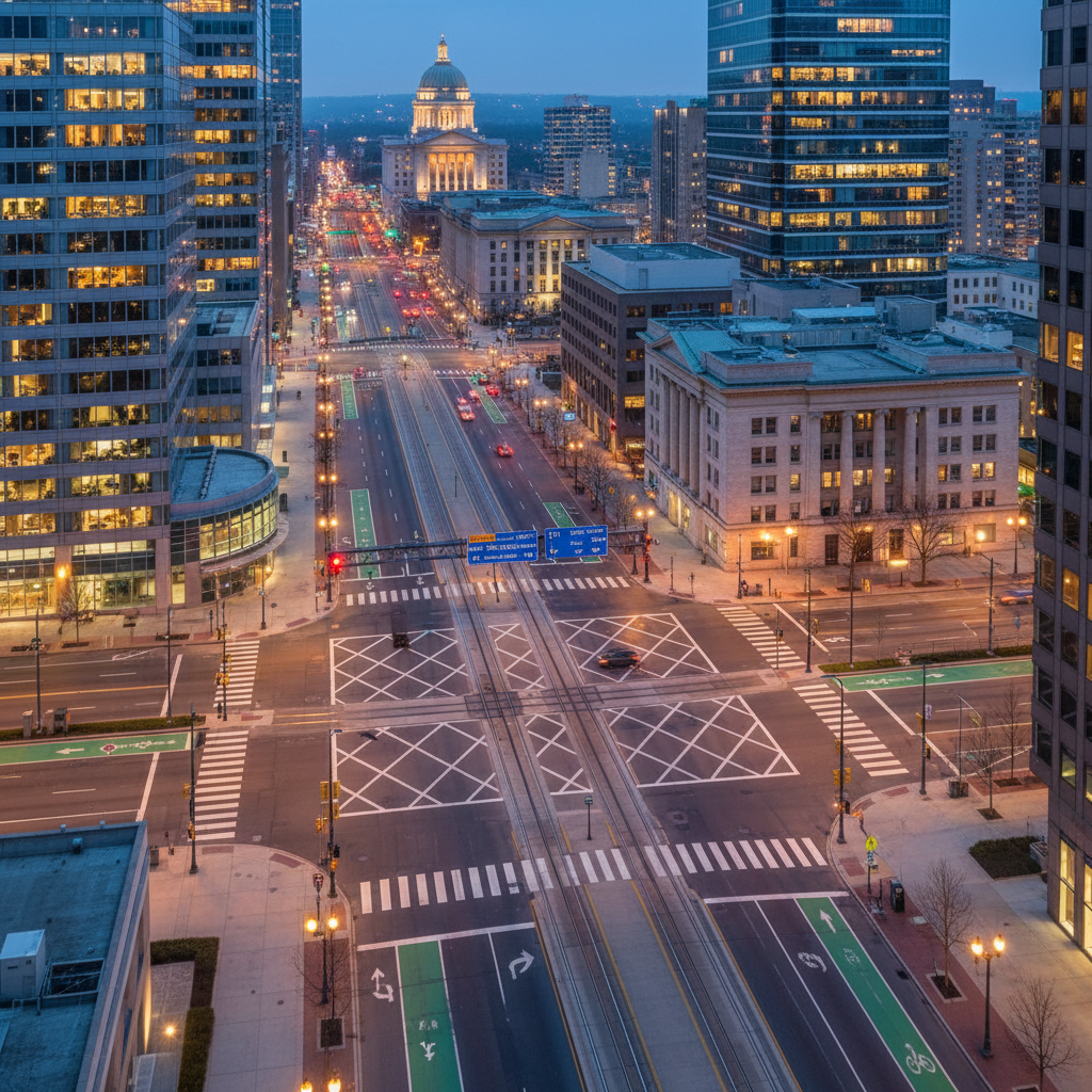 A detailed cityscape at dusk, photographed from a high vantage point, showing a complex intersection of roads, pedestrian crossings, and tram lines. Painted crosswalks, traffic signals, bike lanes, and signage create a visual web of rules guiding movement. Office buildings with illuminated windows line the streets, while a distant courthouse with classical columns is subtly lit in the background. Cool blue ambient light mixes with the warm glow of street lamps, producing a balanced, reflective mood. Shot in photographic realism with a slightly elevated angle and deep depth of field, emphasizing patterns, order, and infrastructure. The scene communicates how law shapes everyday urban life, with clean, modern aesthetics and a quiet, structured atmosphere.