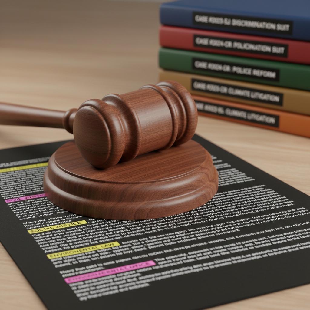 A close-up of a wooden judge’s gavel resting on a circular sound block, both made of dark, finely grained hardwood with a satin finish. The gavel is positioned slightly off-center on a matte-black legal pad filled with neatly arranged printed clauses and highlighted sections. In the mid-ground, a stack of color-coded legal case files is partially in frame, their labeled spines hinting at diverse social issues. Soft, warm overhead lighting creates subtle reflections along the gavel’s handle and gentle shadows across the documents. Photographic realism, shot from a low, side angle with shallow depth of field, so the gavel and key legal phrases are razor-sharp while background files blur elegantly. The mood is serious, analytical, and professional, suggesting careful socio-legal interpretation.