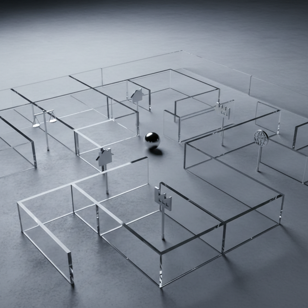 An abstract representation of law and society using only objects: a transparent glass maze placed on a matte grey surface, with tiny metallic signposts at key junctions showing miniature symbols such as a scale, a house, a factory, and a globe. Within the maze, a single small silver sphere sits at a crossroads. Cool, diffused studio lighting from above creates crisp reflections on the glass walls and soft shadows underneath, emphasizing pathways and barriers. Photographic realism with a slightly elevated, three-quarter view and sharp focus throughout, giving the scene a clean, conceptual, modern look. The mood is thoughtful and slightly enigmatic, evoking complex socio-legal pathways and the way law channels social choices without showing any people.